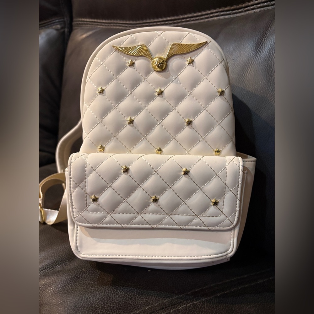Loungefly Quilted Cream Mini Backpack with Gold Star Studs